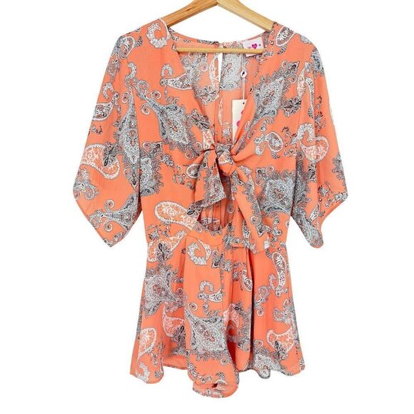 Buddy Love Stella Paisley Tie Front Blouse Top Small Orange Boho Festival NWT - Picture 1 of 15